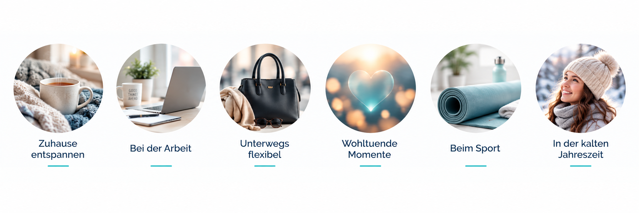 Sechs Wärmemomente im Alltag: zu Hause, bei der Arbeit, unterwegs, wohltuende Momente, beim Sport und in der kalten Jahreszeit