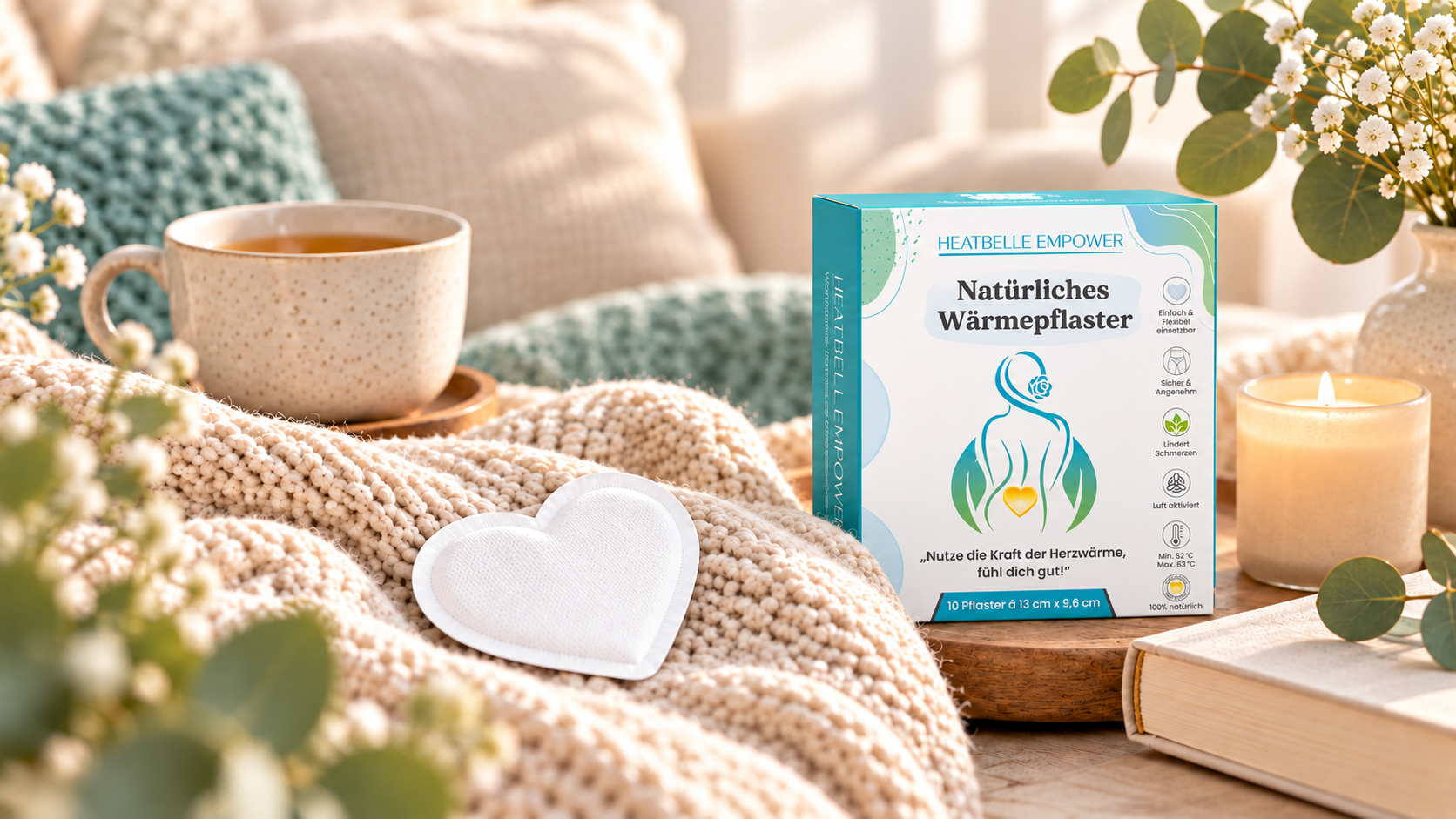 HEATBELLE EMPOWER Wärmepflaster in Herzform mit 10er-Packung und Tasse Tee